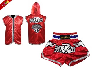 Personalizado - Capucha Boxeo + Pantalones Muay Thai Niños : Rojo Elefante