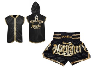 Personalizados - Kanong Sudaderas con capucha + Pantalones Muay Thai : Negro Lai Thai