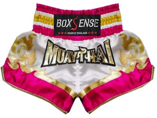 Pantalón Muay Thai Kick boxing Boxsense : BXS-099-Blanco-Rosado