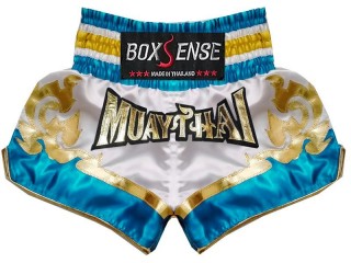 Pantalón Muay Thai Kick boxing Boxsense : BXS-099-Blanco-Cielo azul