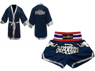 Bata boxeo personalizada + Pantalon muay thai personalizado : Azul marino/Elefante 