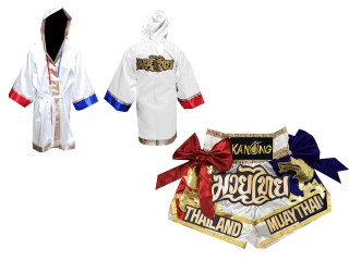 Bata boxeo personalizada  + Pantalones kick boxing personalizados : Blanco