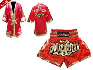 Personalizados - Kanong Bata + Pantalones Muay Thai Niños : Rojo Lai Thai